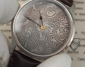 Custom Damascus dial Watch, ETA  6498 Hand-Wound Mechanical movement, Damascus watch