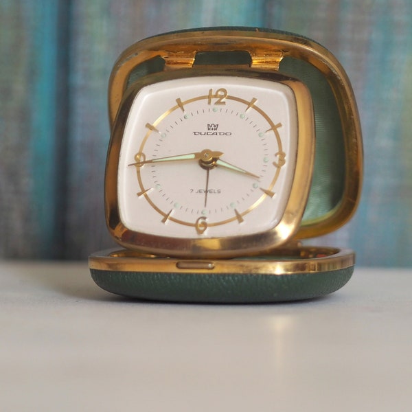 German travel alarm clock DUCADO,  vintage mechanical wind up travel alarm clock