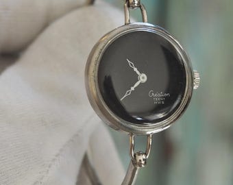 Vintage CREATION  Swiss Watch: 835 Silver Bracelet, Black Dial