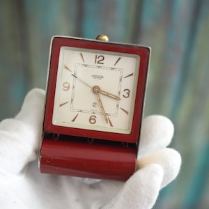 JaegerLeCoultre Art deco  2 days travel alarm clock- 1940's vintage mechanical wind up   Alarm Clock , Rare Swiss made  up alarm clock