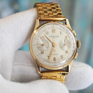 Swiss Orator Chronograph Watch | 14k Gold Case | cal. Landeron 48 | Vintage 1940s Swiss Made Mechanical Watch 34mm case