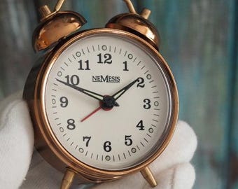 Vintage Chinese Mini Wind-Up Alarm Clock in Copper Tone | Mechanical Bell Twin Bell NOS Timepiece
