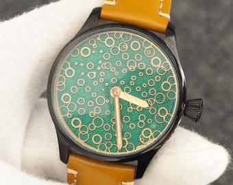 Artisan Watch with Bubble Dial – 43mm Hand-Wound ETA 6498 Mechanical Watch in Black PVD Case and Leather Strap