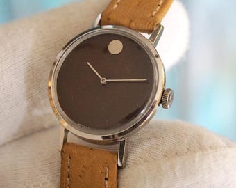 Vintage Movado Museum Watch Manual Wind 24mm – Dark Brown Dial Bauhaus Design with Leather Strap Minimalist Swiss Wristwatch