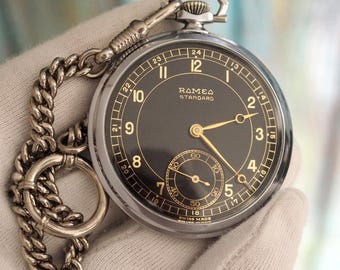 Vintage Romeo  Pocket Watch | Art Deco Design | Manual Wind | 48mm Case | Black Dial | Swiss Made