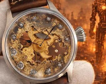 Custom Skeleton Mechanical Watch – Unitas 6498 Hand-Wound Movement, 43mm Case, Gold-Tone Gears, Openwork front