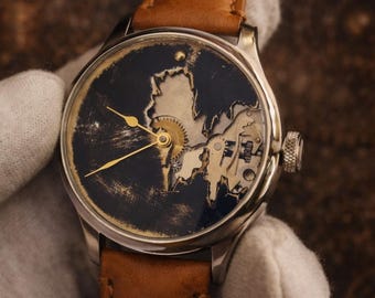 Custom Steampunk Watch ETA 6498 Movement 44mm Case Skeleton Dial Handcrafted Art , Swiss made mechanical wind up movement  custom watch