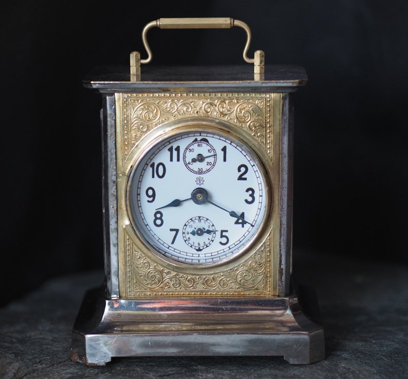 Antique German Al Carriage Brass Mantel Alarm Clock Junghans 1900 S Box