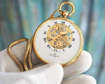 Swiss Made Gold Tone Skeleton Pocket Watch: Steampunk Timepiece
