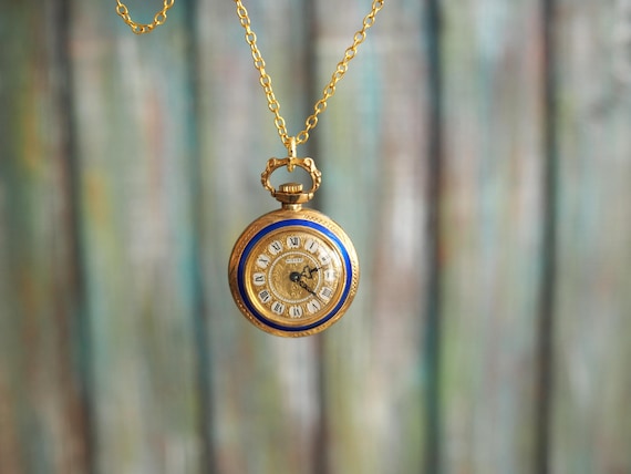 Details Womens Watch 22mm Gold Tone Floral Enamel Pendant Necklace New Battery Vintage Floral Enamel Watch Necklace: 925 Gold Plated  main image 3