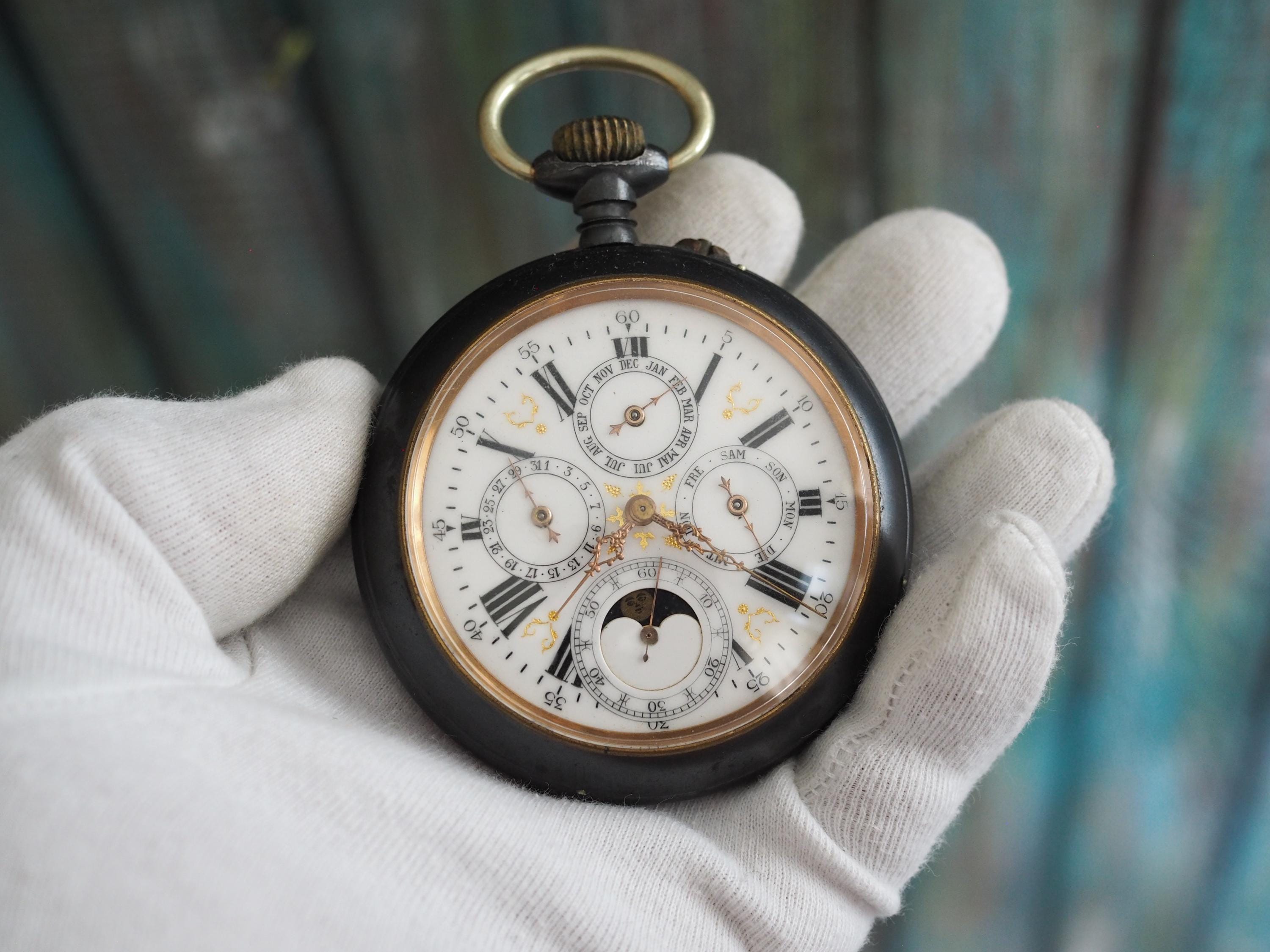 Antique Swiss Triple Calendar Moonphase Goliath Pocket Watch
