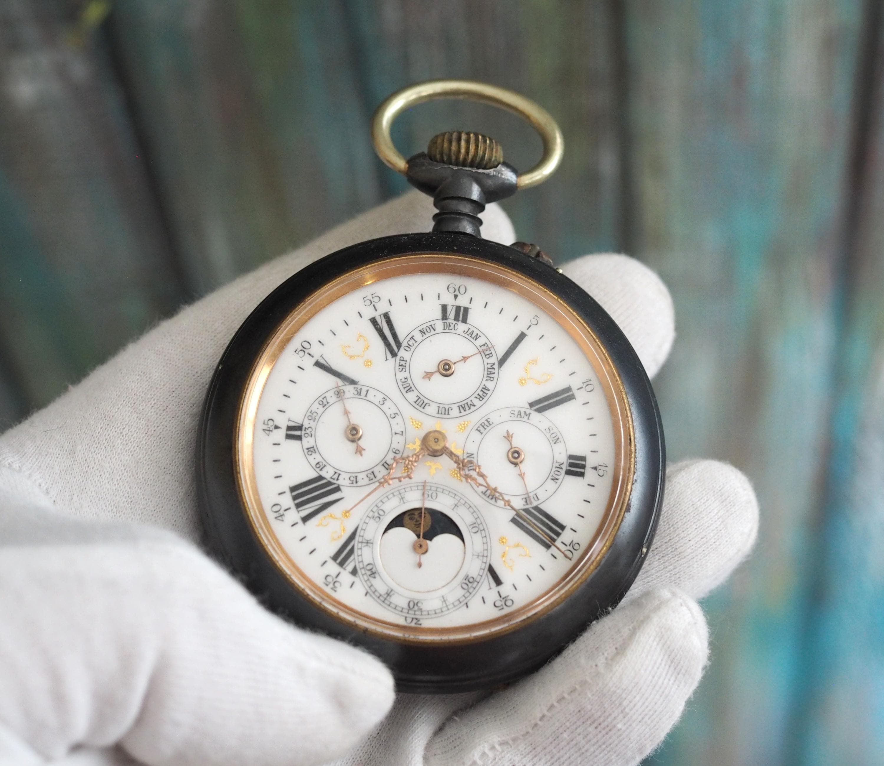 Antique Swiss Triple Calendar Moonphase Goliath Pocket Watch