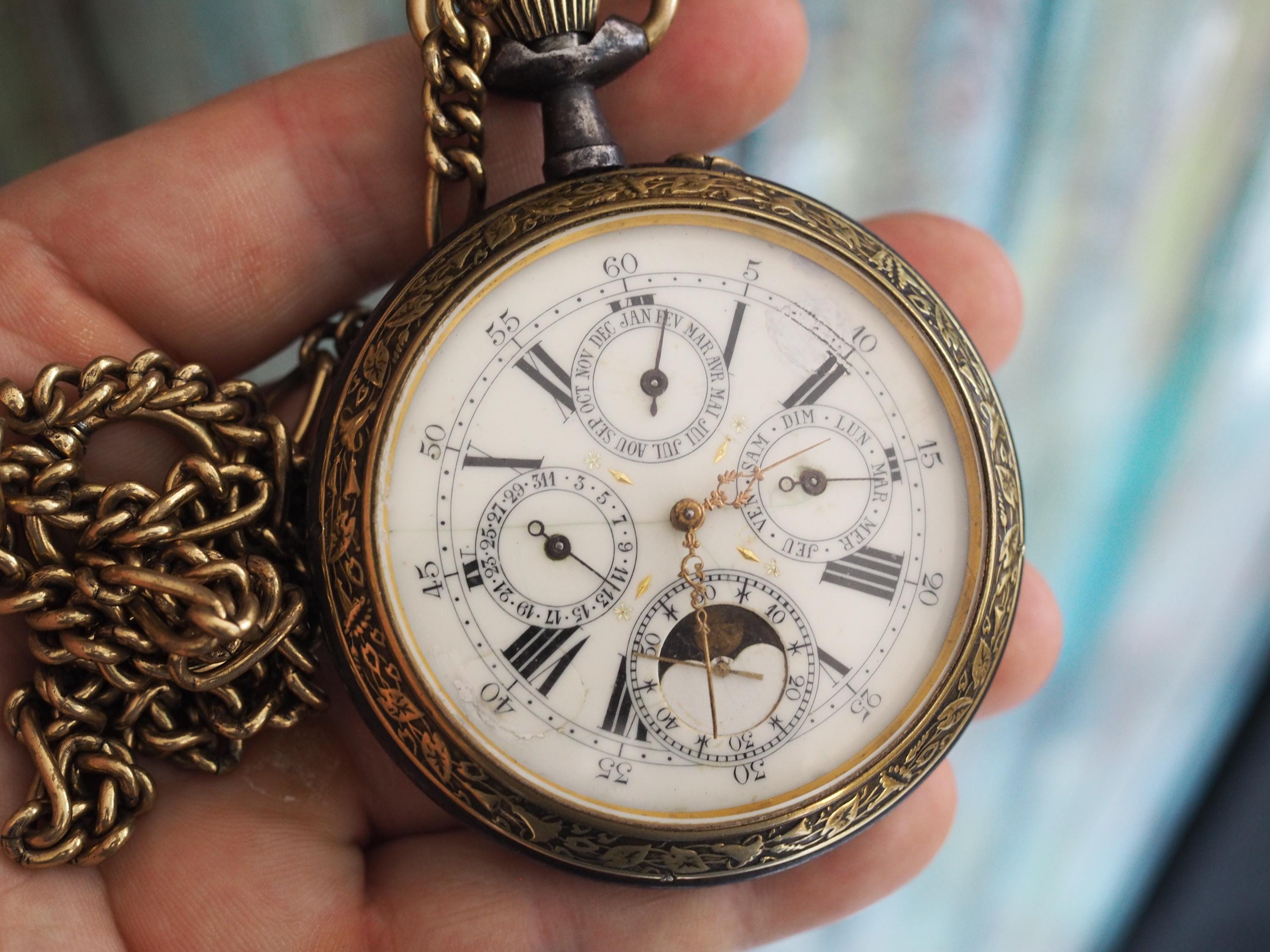 Antique Swiss Triple Calendar Moonphase Goliath Pocket Watch