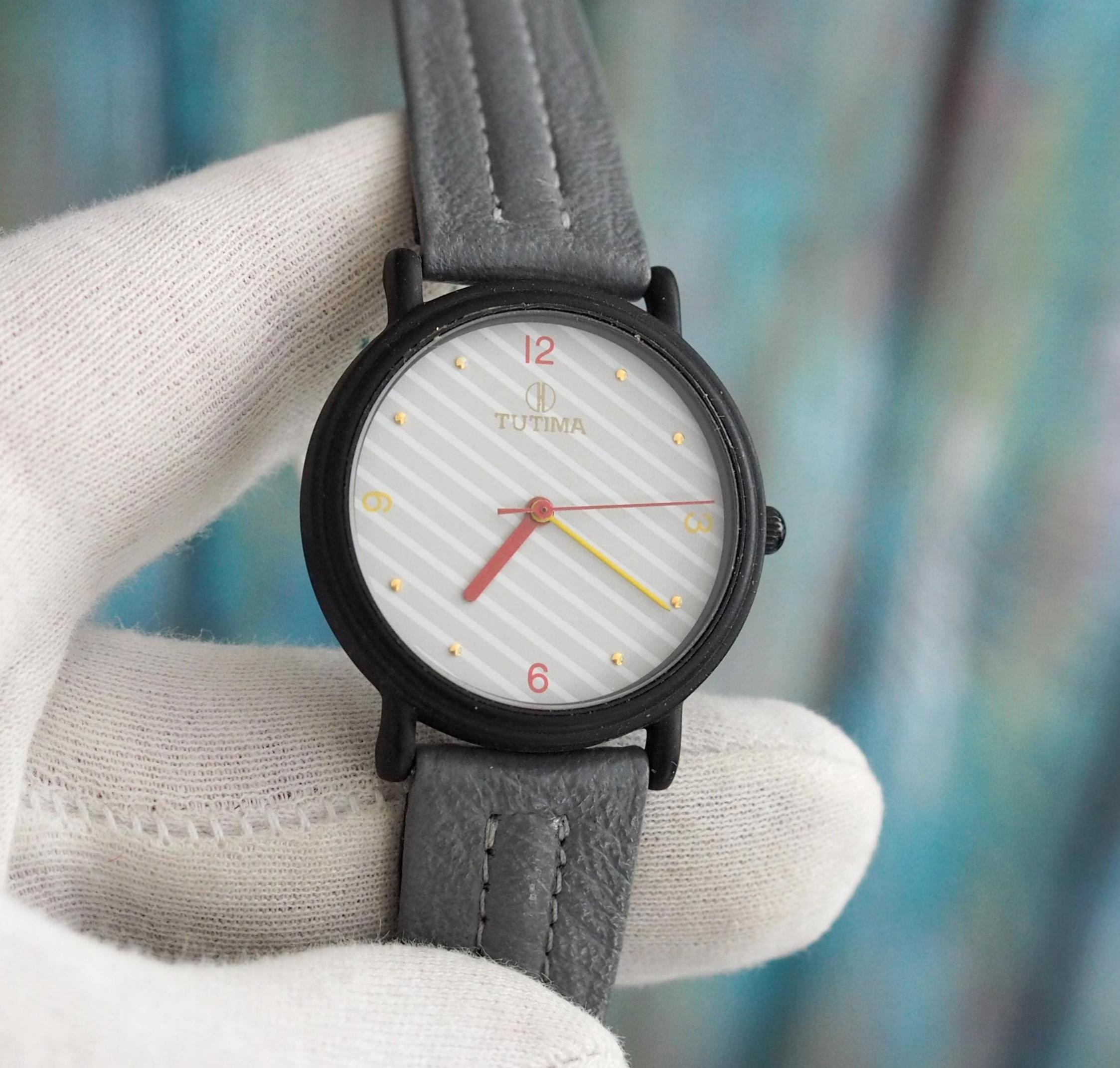 Tutima Vintage German Quartz Watch – Unworn 32mm Minimalist Timepiece with Grey Leather Strap