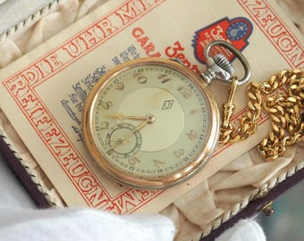 Vintage Zentra Pocket Watch Art Deco 46mm Case Mint Condition with Chain & Box