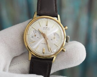 Vintage BWC Swiss Chronograph Watch: 1960s Landeron 248 Mechanical Gold Tone Chrono