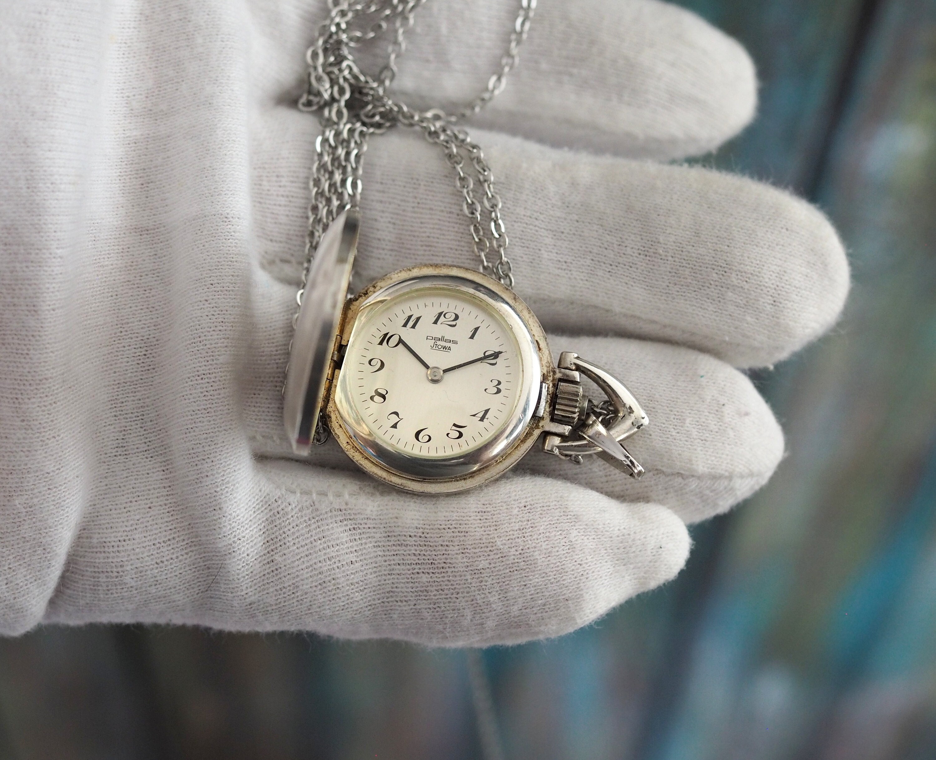 PALLAS Stowa Silber Uhr Anhänger Halskette winziger Vintage