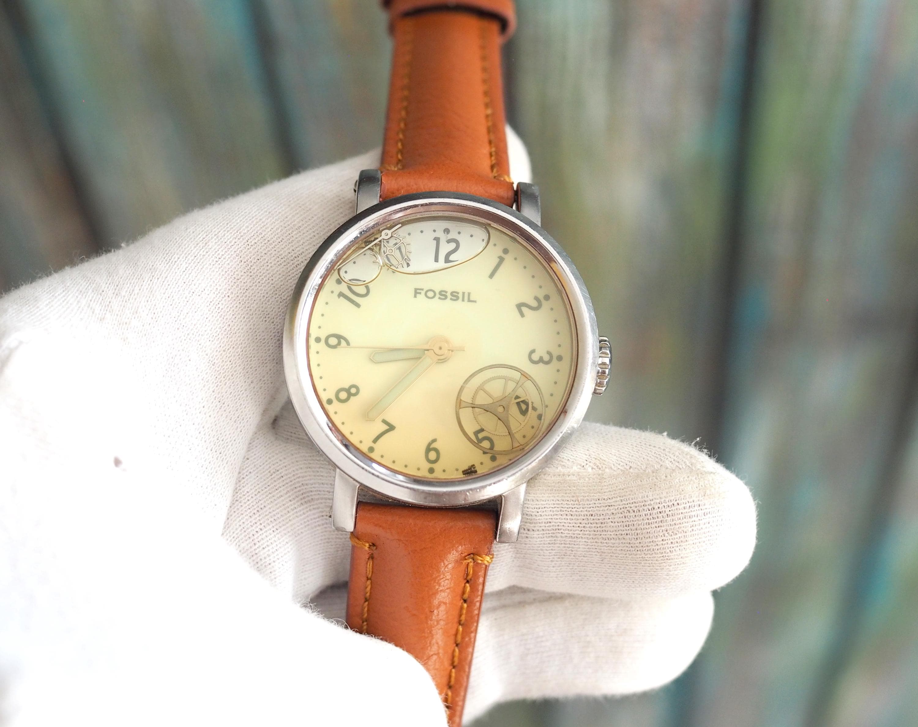 Fossil Vintage Tan Leather Watch Vintage Fossil StarMaster Watch Mother of Pearl Dial with  main image 2