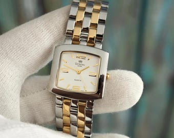 Richelieu Swiss Quartz Ladies Watch – Two-Tone Bracelet, Gold Dial, 23x26mm Case, New Battery, Vintage Style, Water Resistant