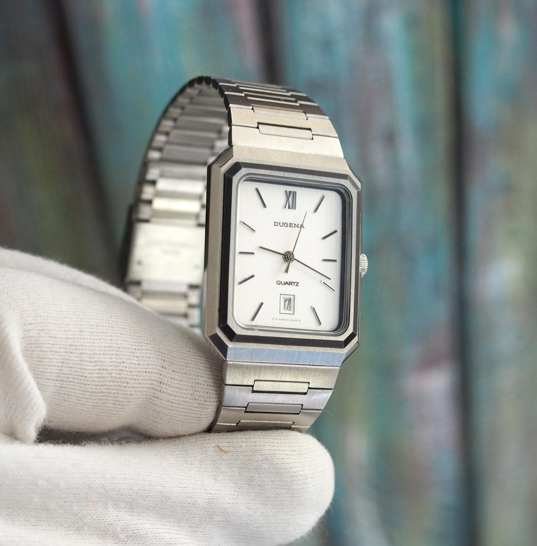 Vintage Dugena Quartz Uhr: Swiss Made Edelstahl Rechteckig Datumsanzeige 
