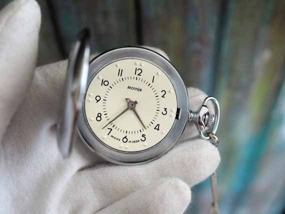 MOLNIJA Rare USSR mechanical wind up braille pocket watch for visually impaired people mint condition unworn