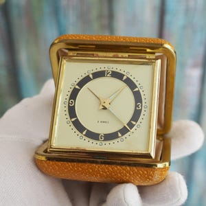 Vintage German Travel Alarm Clock | 2 Jewels Wind-Up Clock in Amber Case | Mid Century Folding Mechanical Clock | Retro Gift Idea