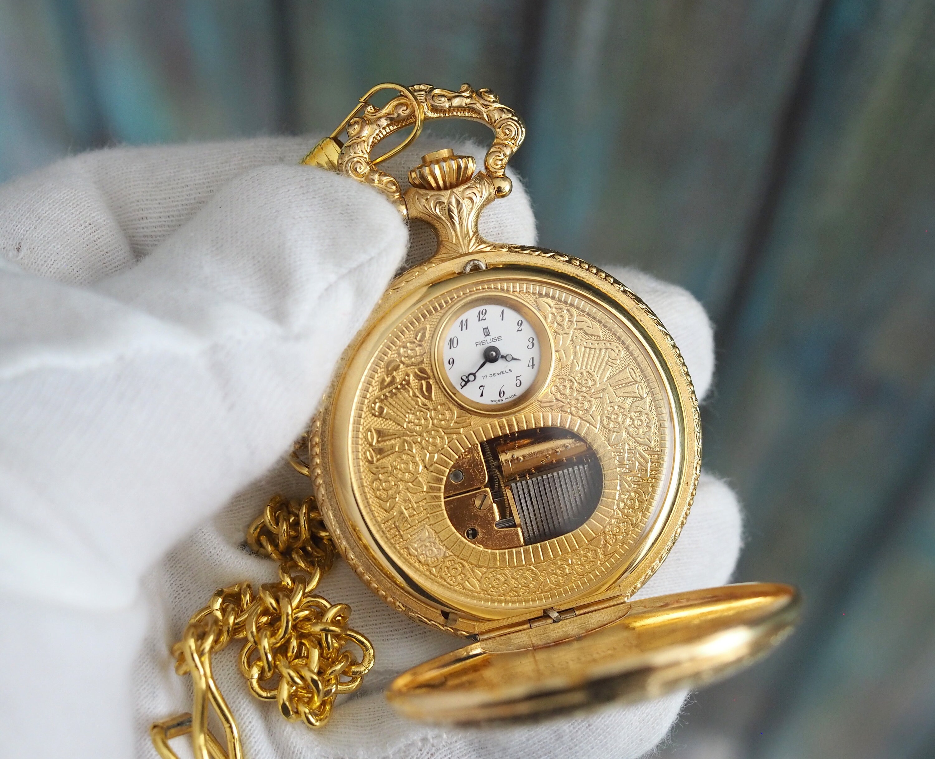 Reloj de bolsillo musical REUGE raro reloj de bolsillo musical mecanico de cuerda fabricado en Suiza