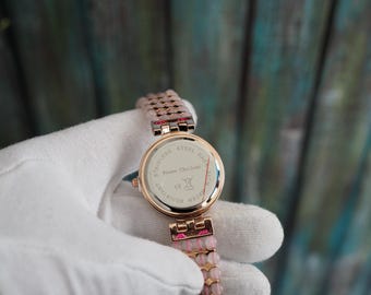 Roségoldene Uhr Pierre Chaubert mit Rosenquarz und Kristallen 32