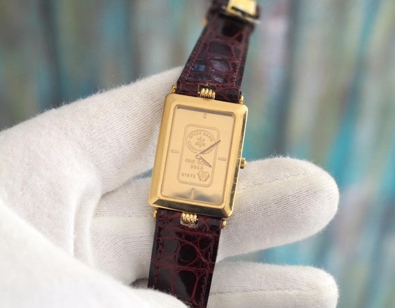 ZITURA 防水 スイスクォーツ 腕時計 SWISS 999.9純金時計 ZITURA Swiss Made Quartz Watch: Solid Gold Dial, New Leather Band