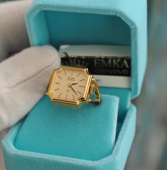 EMKA Swiss Quartz Ring Watch Gold plated Adjustable Open Ring Vintage Ladies Watch