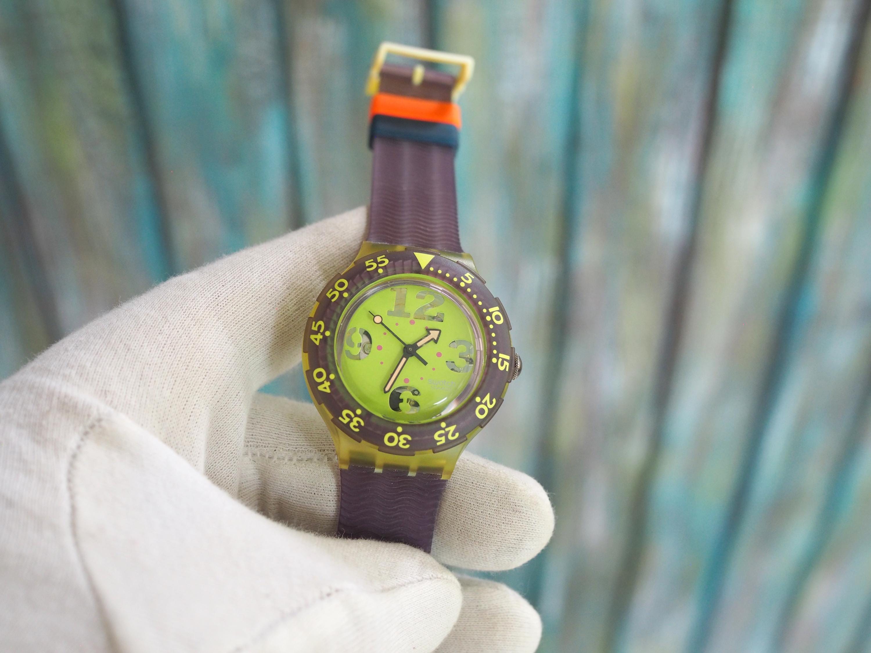Vintage Swatch Scuba 200 Watch: Neon Green & Purple, 90s 