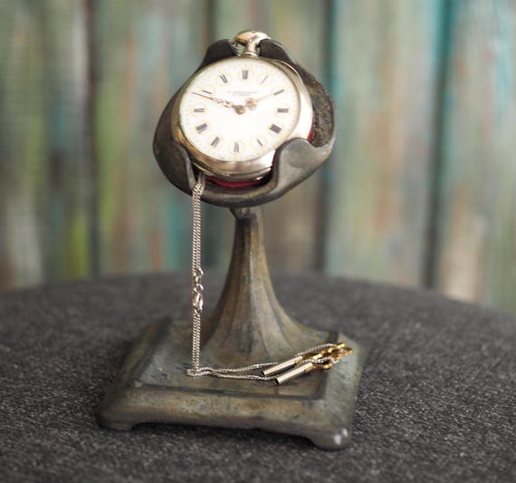 Antique Pewter Pocket Watch Holder: Art Deco Display Stand (watch