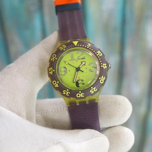 Vintage Swatch Scuba 200 Watch: Neon Green & Purple, 90s Retro Diver