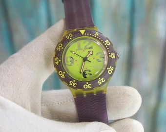 Vintage Swatch Scuba 200 Watch: Neon Green & Purple, 90s Retro Diver