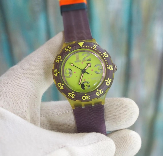 Vintage Swatch Scuba 200 Watch: Neon Green Purple, 90s Retro