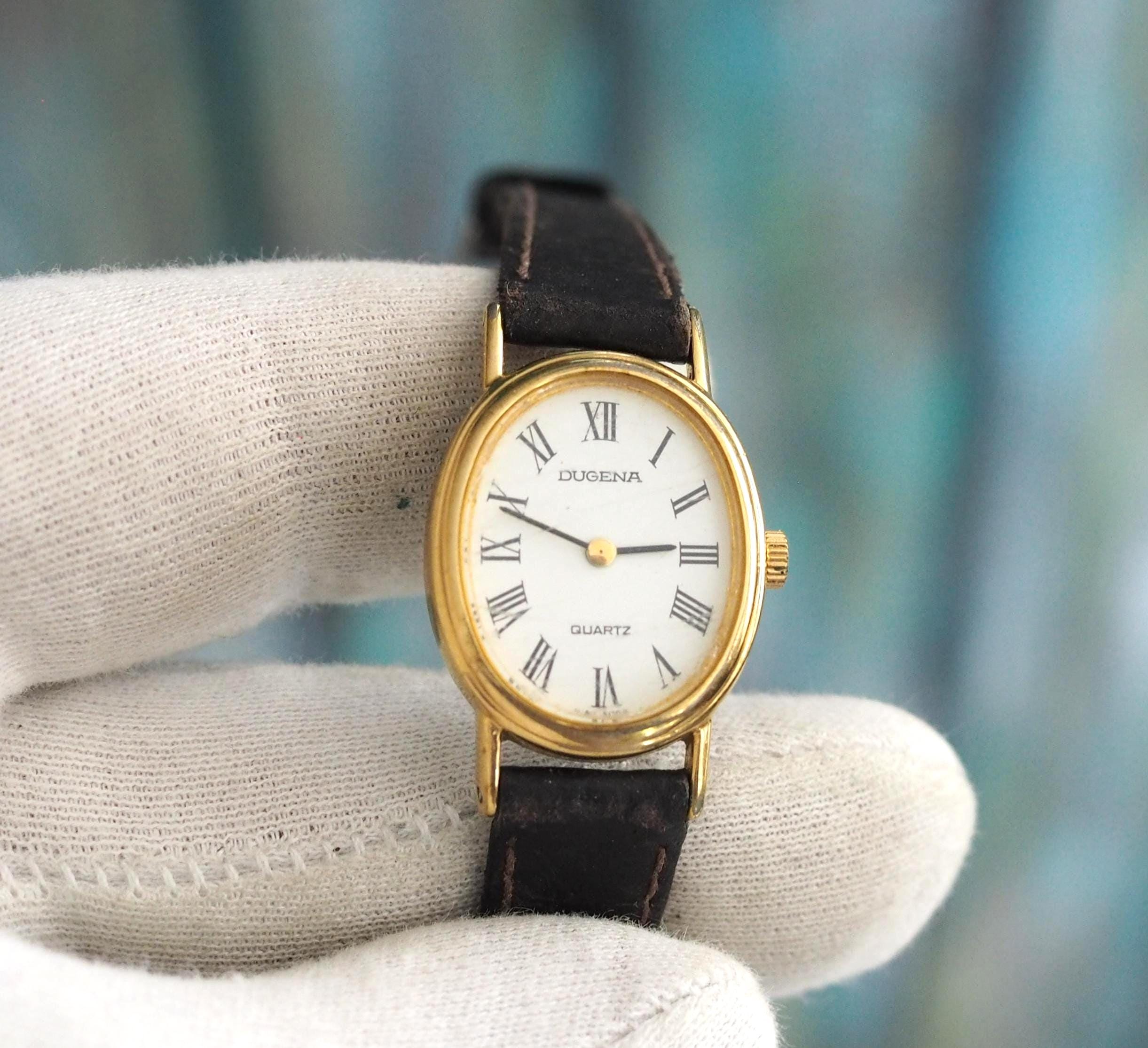 Vintage Dugena Quartz Watch | Small Oval Gold Case 20x24mm | Roman