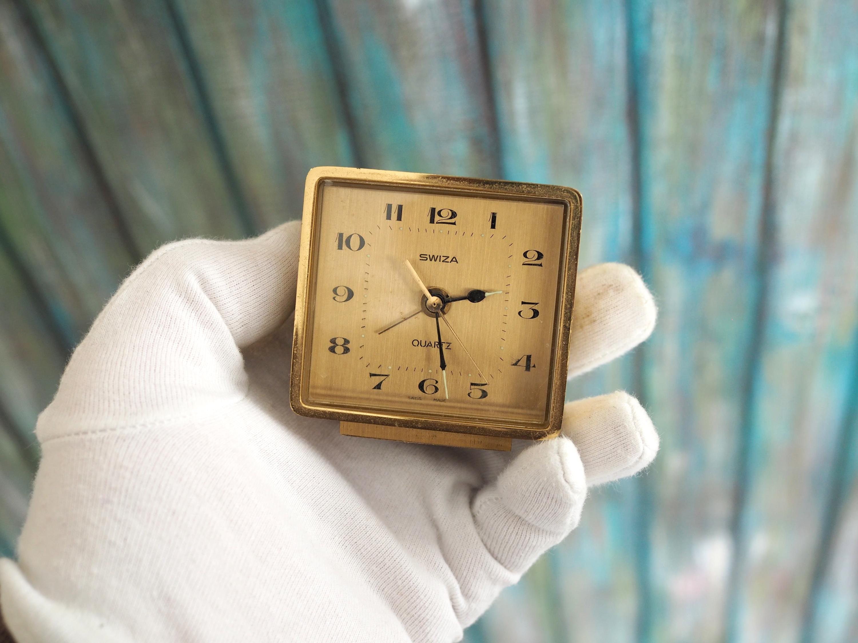 Vintage Swiza Quartz Alarm Clock – Brass Desk Clock – Swiss Made