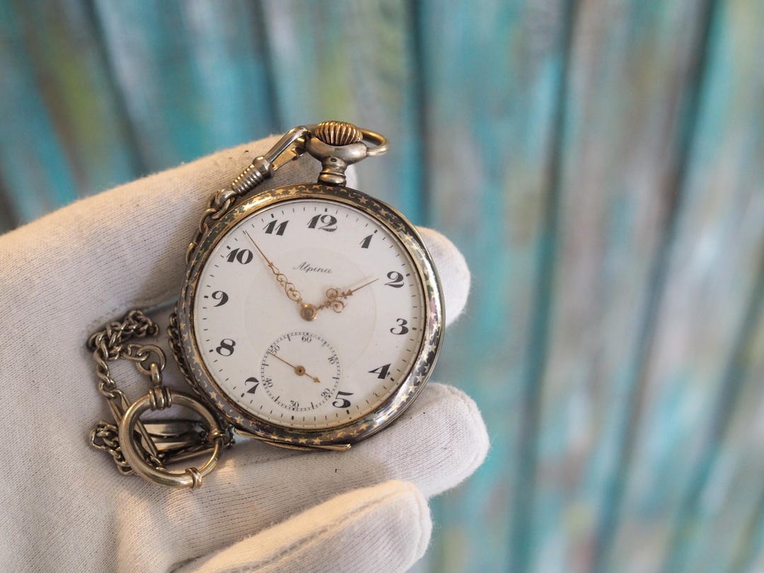 Alpina - 1900's Swiss Made Pocket Watch Niello Silver Case- ALPINA