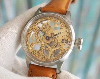 Custom Skeleton Watch: Unitas 6497 Hand-Wound Mechanical, Gold Engraved Gears