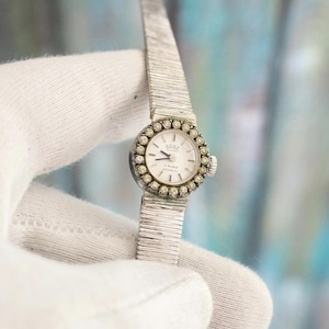 May include: A silver wristwatch with a white face and a diamond-encrusted bezel. The watch face has the text "ROXY" and "17 JEWELS" printed on it.