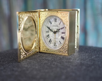 Vintage Europa Travel Alarm Clock Book Shape Gold Tone Folding Clock Photo Frame Desk Clock Made in Germany
