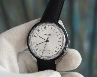 RAKETA  24h - vintage mechanical wind up men&#39;s watch Raketa  24-hour Watch &#39;s, rare  24 hours watch Raketa, mint , unworn