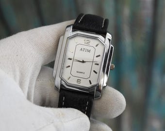 ATIM Quartz Watch – 36mm Silver tone  Octagon Case, Retro Geometric Wristwatch, Minimalist Vintage Style