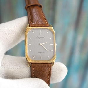 Orologio al quarzo vintage Exponent / Cassa in oro 27 x 32 mm / Indici a diamante / Cinturino in pelle marrone / Orologio minimalista unisex tedesco