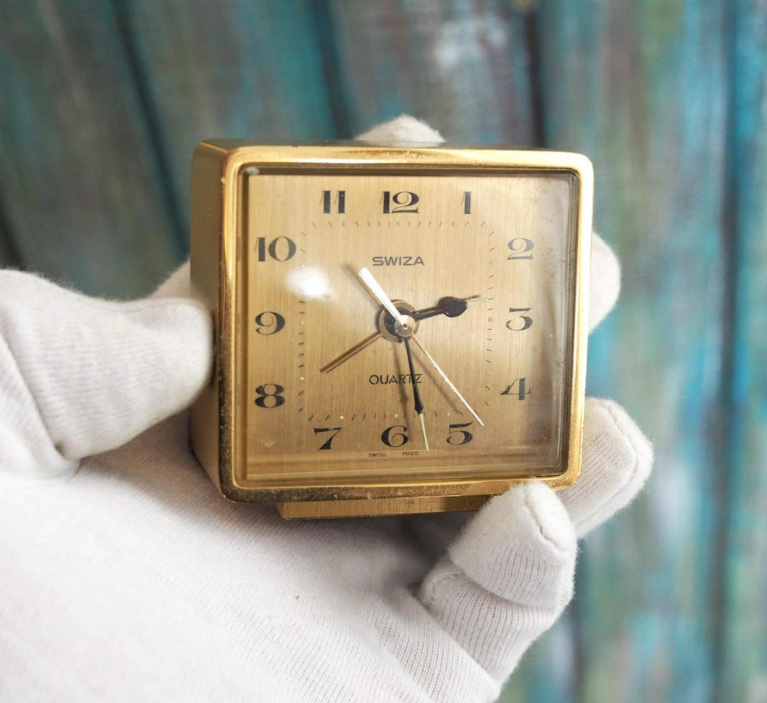 Vintage Swiza Quartz Alarm Clock – Brass Desk Clock – Swiss Made