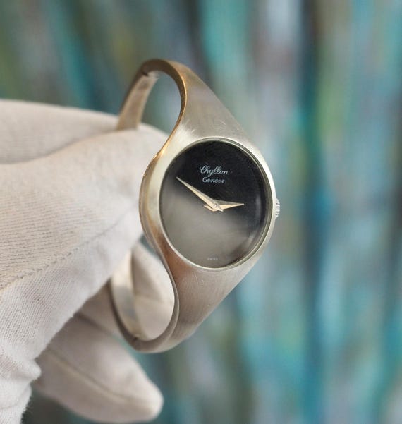 Vintage Cyllon Geneve Swiss Watch: 835 Silver Bracelet, Black Dial