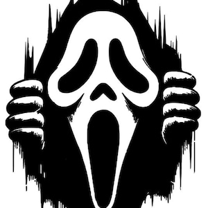 May include: A black and white graphic illustration featuring a stylised ghost mask with a long, open mouth. The figure appears to be tearing through a dark, jagged surface, with two hands visible on either side gripping the edges of the opening.