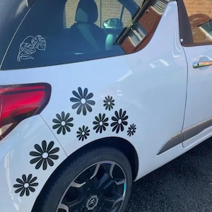 以下が含まれることがあります： 白い車の後部パネル、ホイールアーチ付近に黒いデイジー型のビニールステッカーが貼られています。後部サイドウィンドウのガラスには、白い線画のモンステラの葉のステッカーも貼られており、テールライトユニットの上部に配置されています。