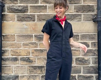 French Workwear Boilersuit Railroad Black - Herringbone Cotton Short Sleeved