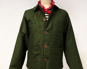 Made In England Moleskin Cotton Chore French Workwear Jacket - Premium Range - British Racing Green / Wooden Buttons